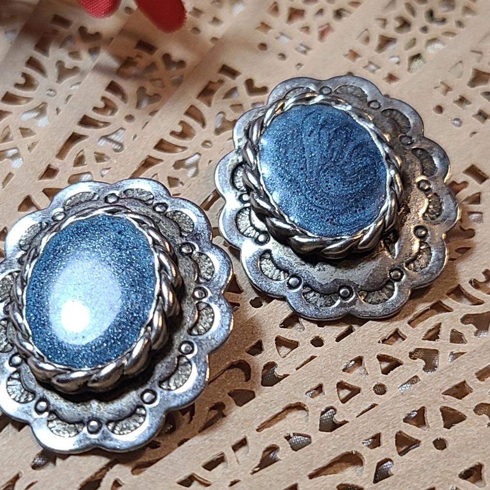 Antique Silver and Blue Oval Earrings